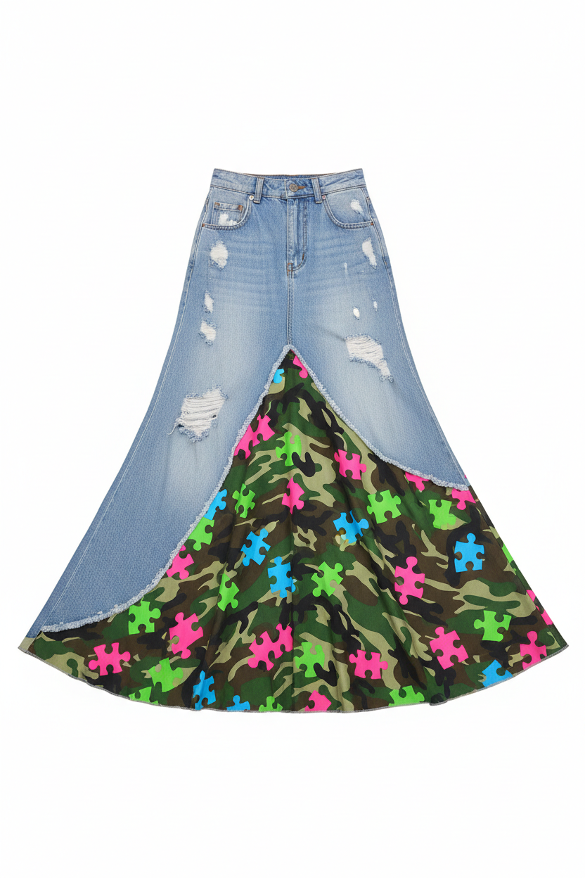 U.D.F Distressed Light Blue Denim Skirt - Front