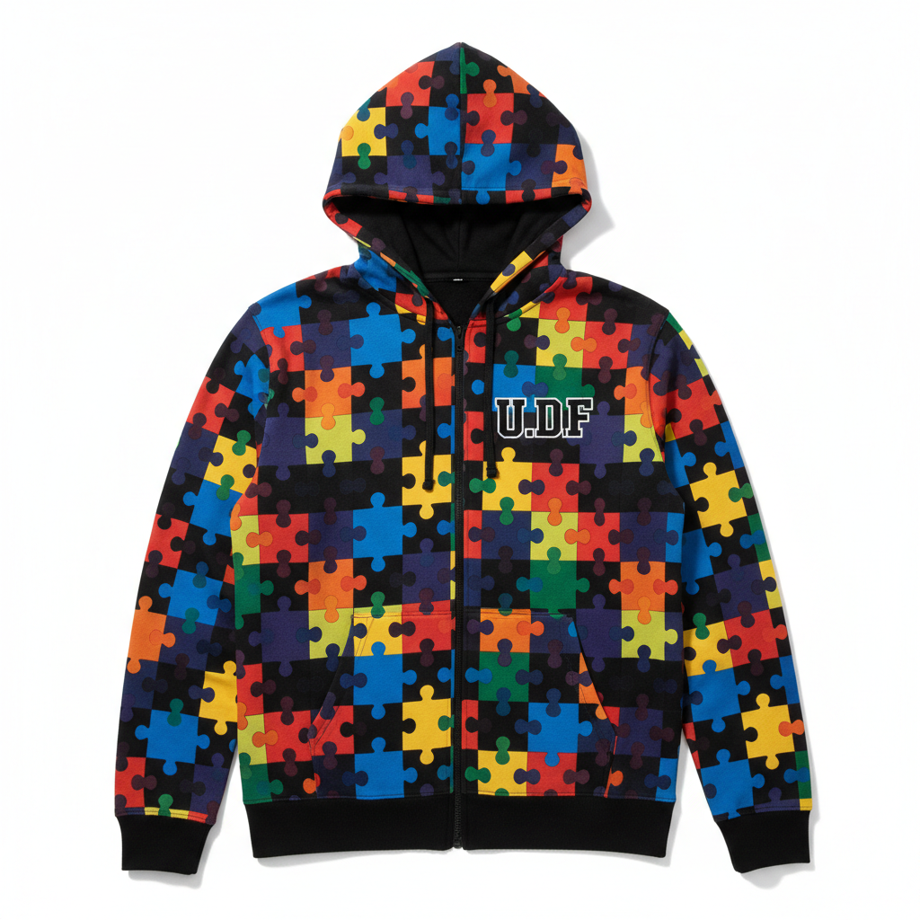 U.D.F Multicolor Puzzle Print Zip-Up Hoodie