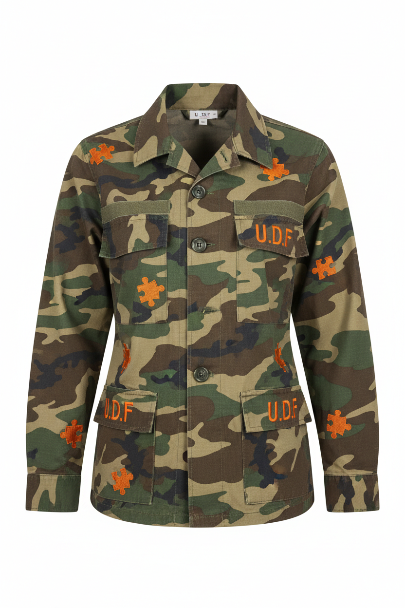 U.D.F Army Fatigue Long Sleeve Jacket - Front with orange puzzle pieces and U.D.F. on pocket flaps