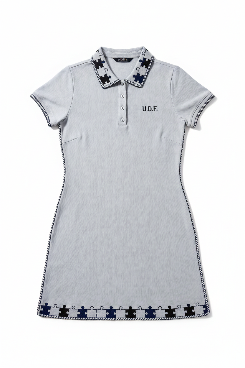 U.D.F Light Grey Polo Tennis Dress - Front with black navy white puzzle piece trim and U.D.F. logo