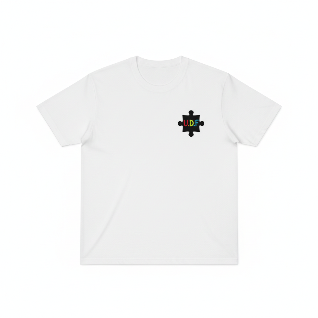 U.D.F White Puzzle Tee - Front with U.D.F. multicolor puzzle piece