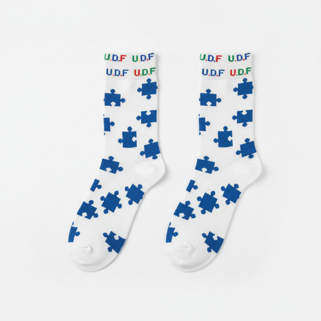 U.D.F White Blue Puzzle Crew Socks with multicolor U.D.F. cuff
