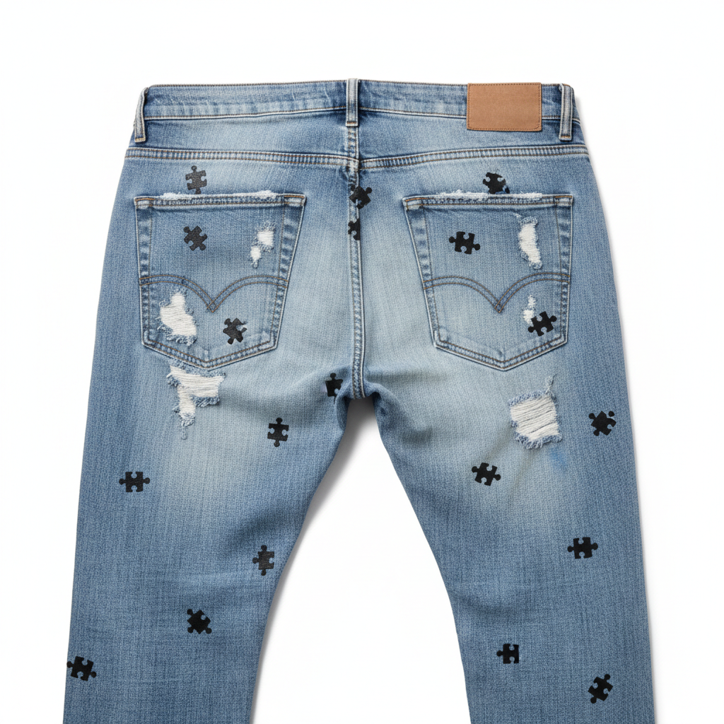 U.D.F Stonewashed Distressed Puzzle Denim Jeans - Back