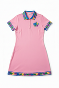 U.D.F Powder Pink Polo Tennis Dress - Front with colorful puzzle piece trim and teal U.D.F. logo