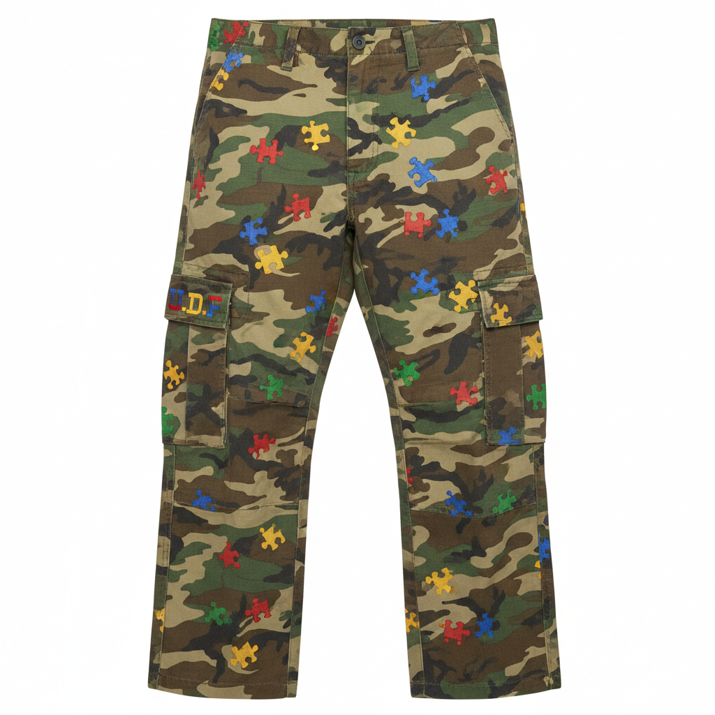 U.D.F Army Fatigue Multicolor Puzzle Cargo Pants - Front with multicolor U.D.F on pocket flap