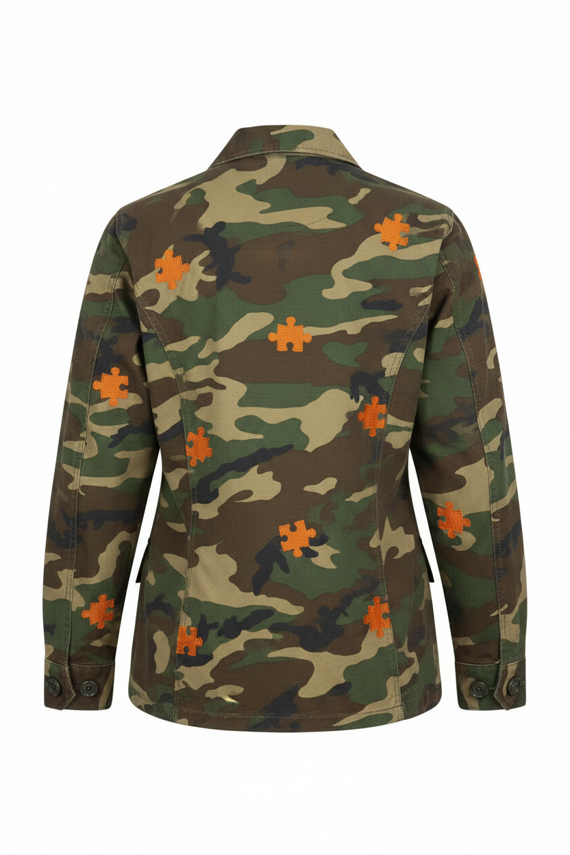 U.D.F Army Fatigue Long Sleeve Jacket - Back with orange puzzle pieces matching front