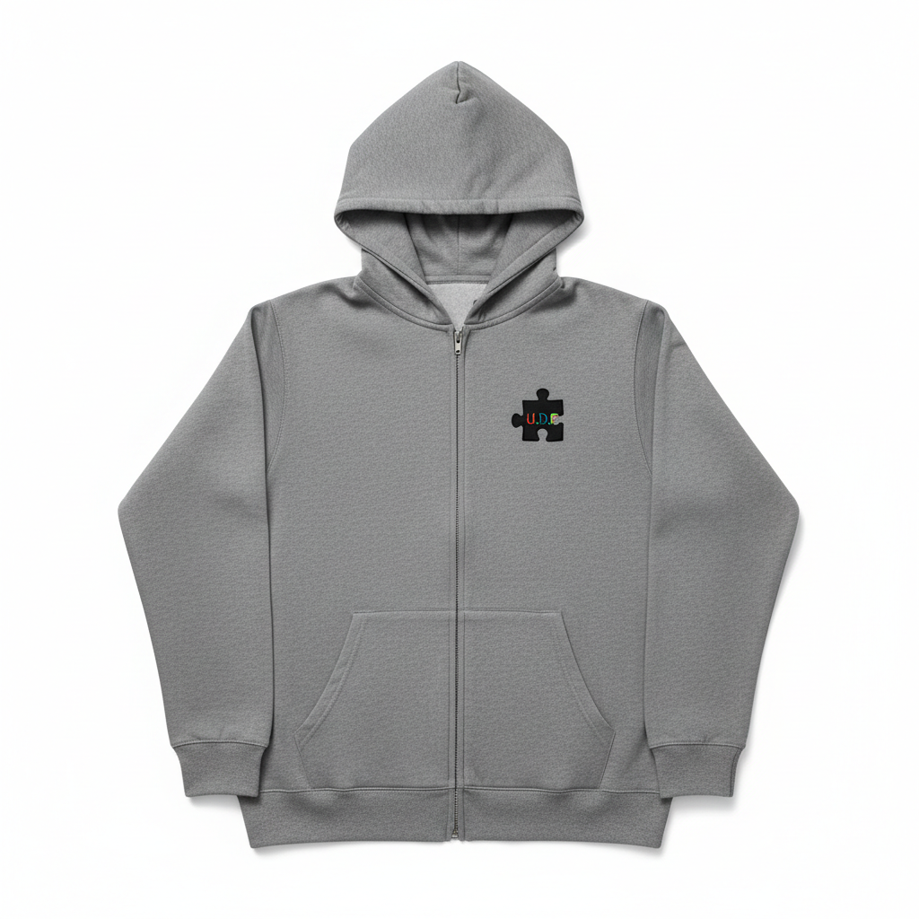 U.D.F Grey Inverted Puzzle Zip-Up Hoodie - Front View