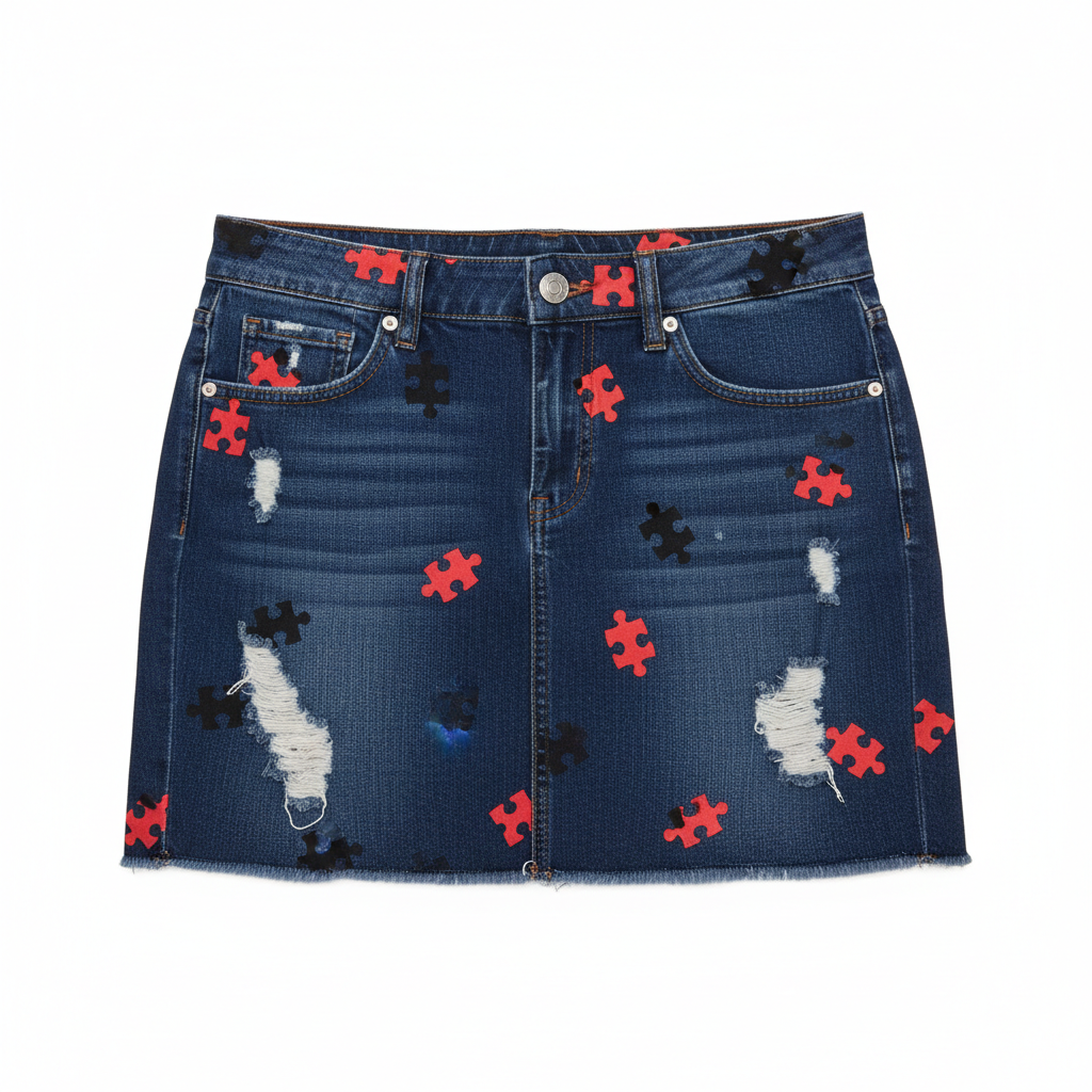 U.D.F Distressed Dark Denim Mini Skirt - Front with Black and Red Puzzle Pieces
