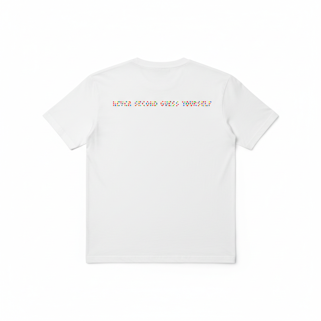 U.D.F White Puzzle Tee - Back with multicolor braille message