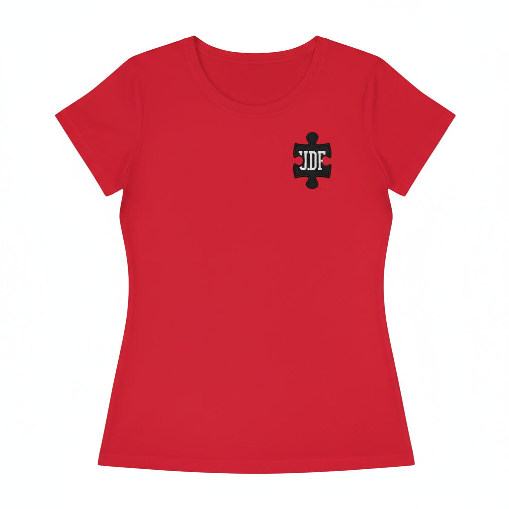 U.D.F Red Waist Length Shirt - Front with black puzzle piece and white U.D.F. upper left