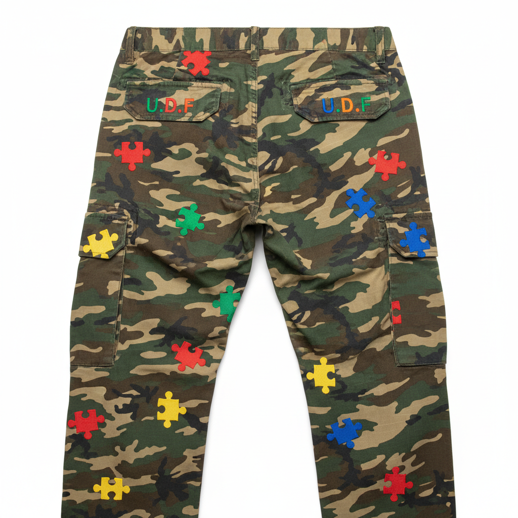 U.D.F Army Fatigue Multicolor Puzzle Cargo Pants - Back with multicolor U.D.F on pocket flap