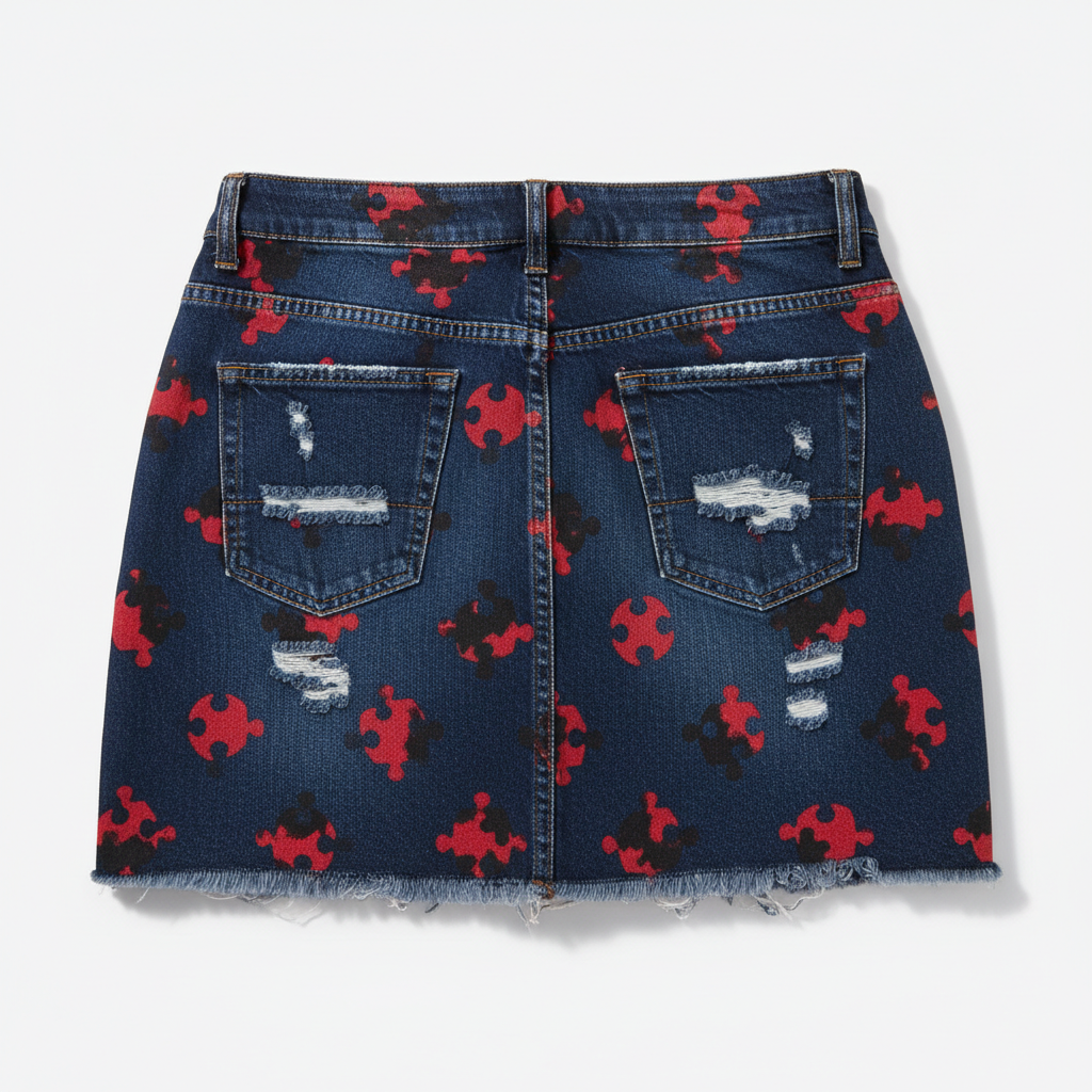U.D.F Distressed Dark Denim Mini Skirt - Back with Black and Red Puzzle Pieces