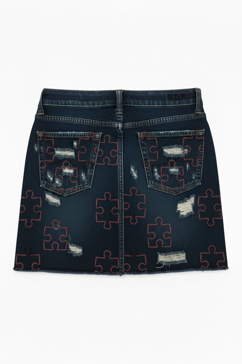 U.D.F Distressed Dark Denim Mini Skirt - Back heavily distressed with U.D.F. logo on left pocket