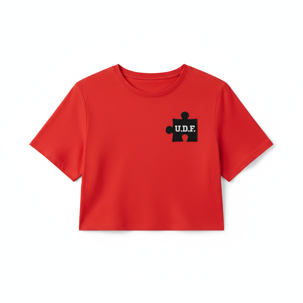 U.D.F Red Short Sleeve Crop Shirt - Front with black puzzle piece and white U.D.F.