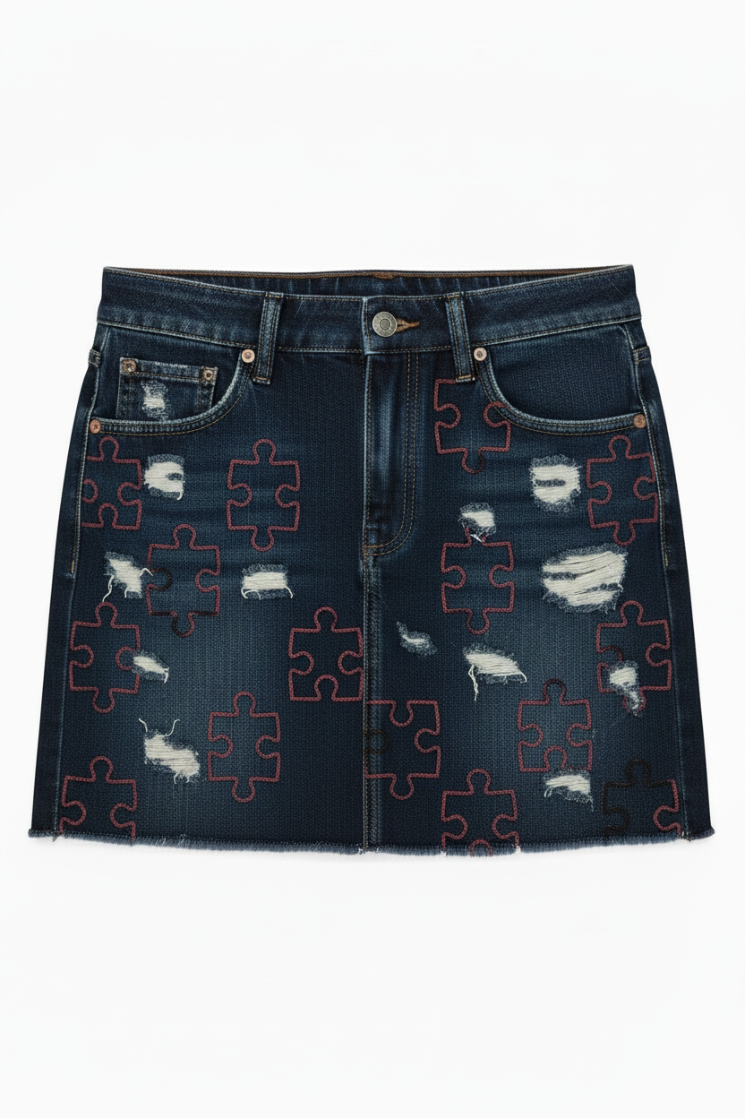 U.D.F Distressed Dark Denim Mini Skirt - Front heavily distressed with scattered black and red puzzle pieces