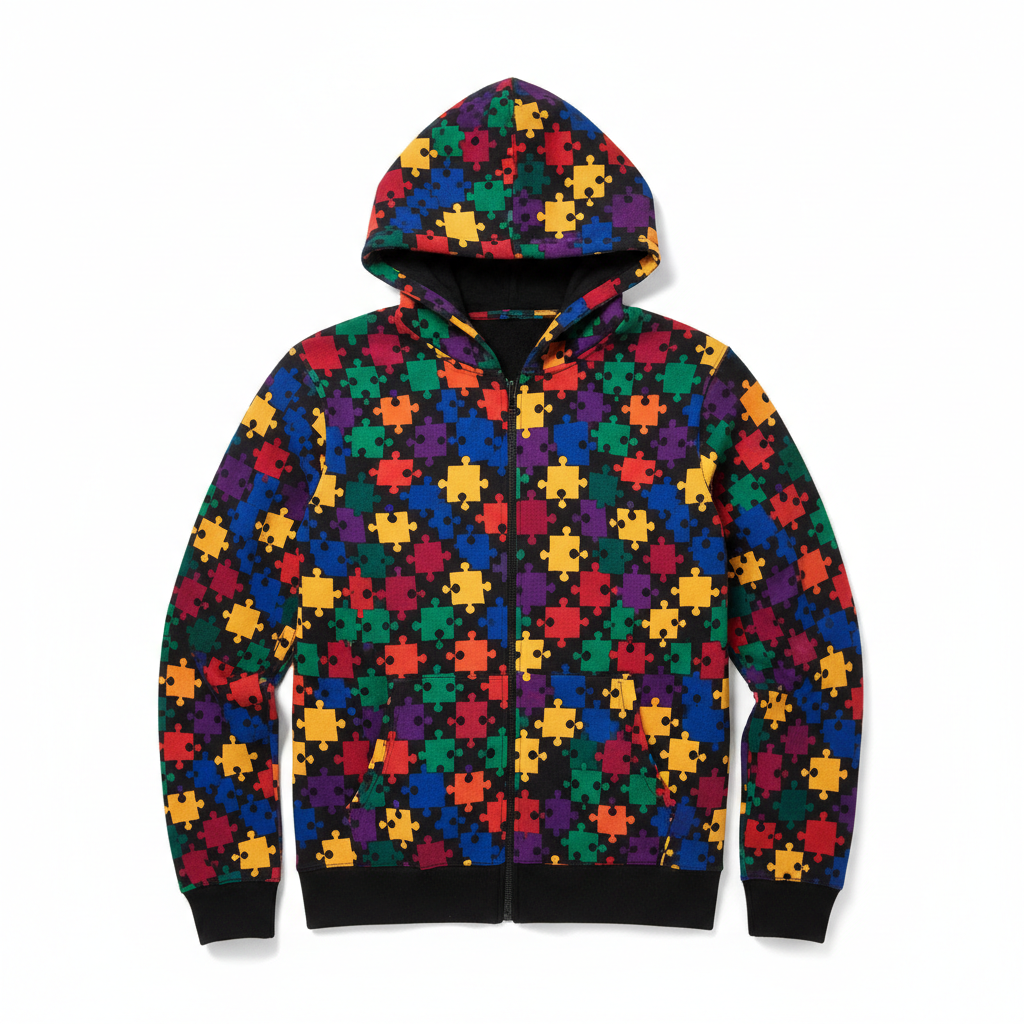 Multicolor Puzzle Print Zip-Up Hoodie