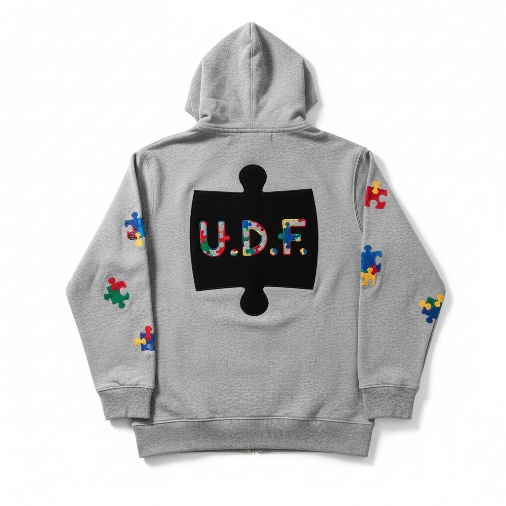 U.D.F Grey Multicolor Puzzle Zip-Up Hoodie - Back View